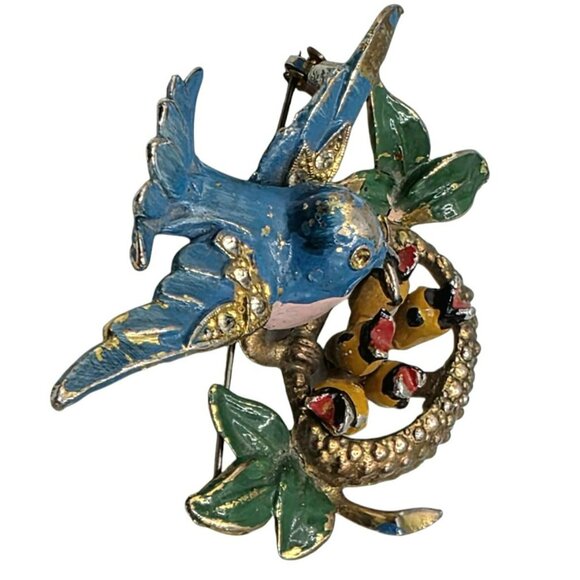 Vintage Fred Gray Blue Bird Brooch Nest Baby Birds Rhinestone Gold-Tone Pin USA - Picture 8 of 14